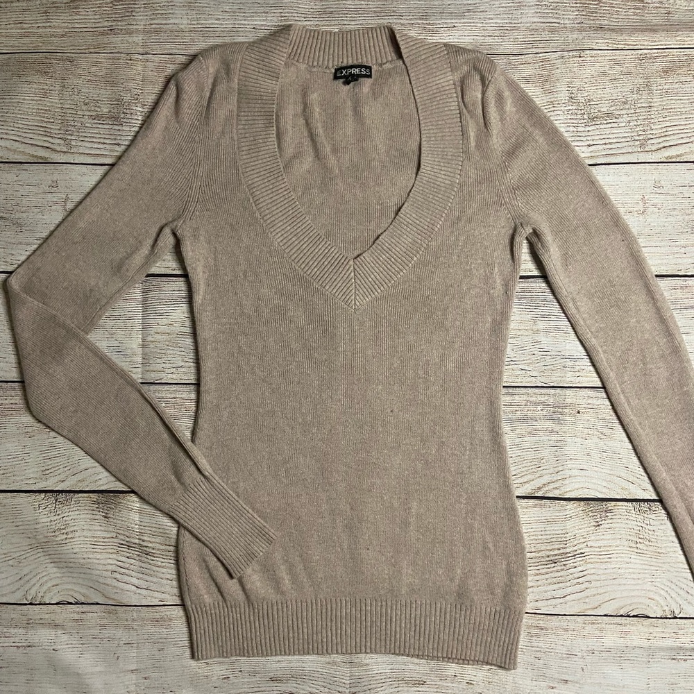 Express Beige Longe Sleeve V-neck